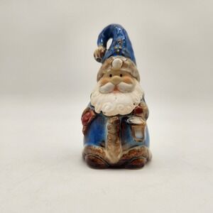 Ceramic Santa Claus‎ Gnome Christmas Bell Figurine Blue Hat Lantern Vintage
